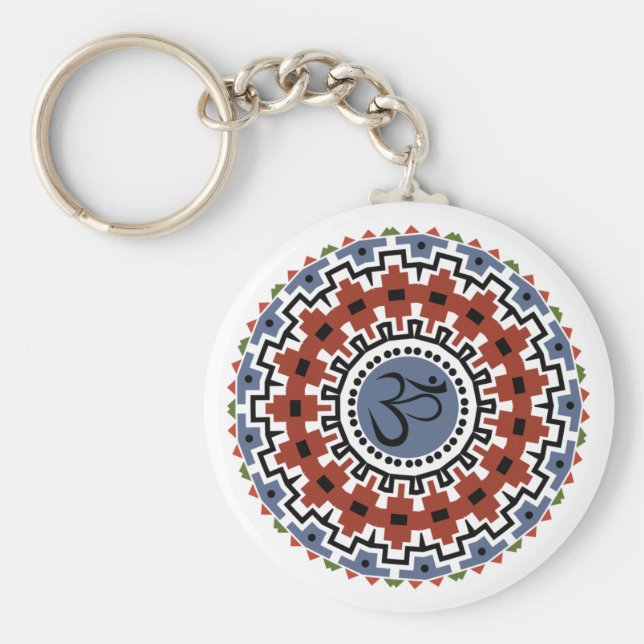 Spiritual Mandala Yoga Om Rust Blue Kaleidoscope Keychain (Front)