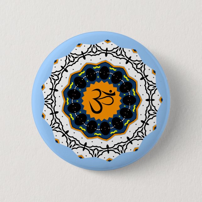 Spiritual Mandala Yoga Om Symbol Blue Geometric Button (Front)