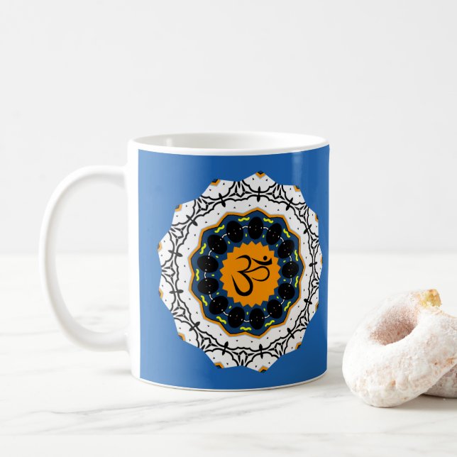Spiritual Mandala Yoga Om Symbol Blue Geometric Coffee Mug (With Donut)