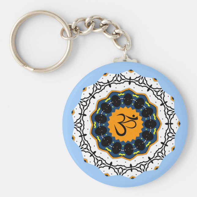 Spiritual Mandala Yoga Om Symbol Blue Geometric Keychain (Front)