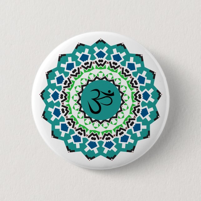 Spiritual Mandala Yoga Om Symbol Turquoise Blue Button (Front)