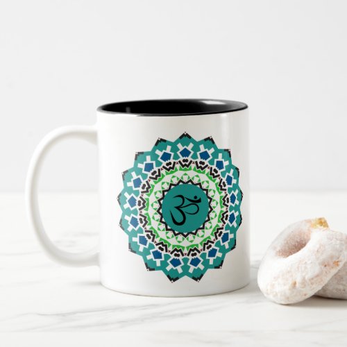 Spiritual Mandala Yoga Om Symbol Turquoise Blue Two_Tone Coffee Mug