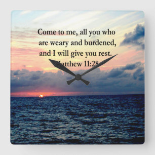 SPIRITUAL MATTHEW 11:28 SUNRISE SCRIPTURE PHOTO SQUARE WALL CLOCK