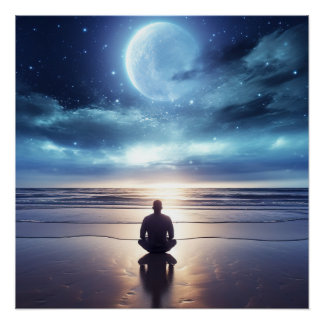Spiritual Meditating Man on the Beach at Night Poster