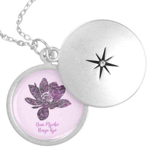 Spiritual Partly Purple Lotus Flower Nam Myoho Locket Necklace (Front)