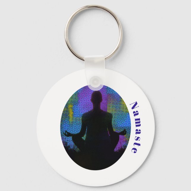 Spiritual Patchwork Sitting Yoga Pose Namaste Keychain (Front)