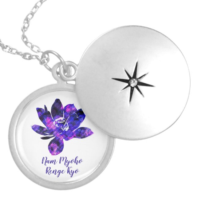 Spiritual Purple Lotus Flower Nam Myoho Renge Kyo Locket Necklace (Front)