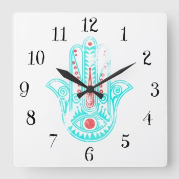 Spiritual Red Teal Watercolor Hamsa Hand Of Fatima Square Wall Clock by pink_water at Zazzle
