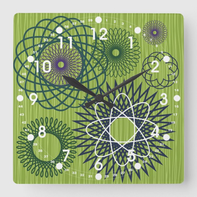 Spirograph Geometric Pattern Blue Green Square Wall Clock (Front)