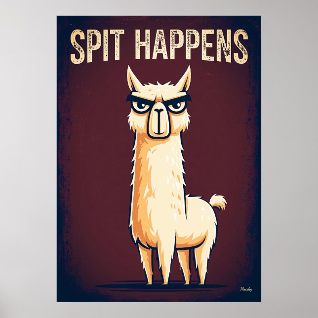 Spit Happens – Funny Llama Cartoon Character Art Poster (Front)