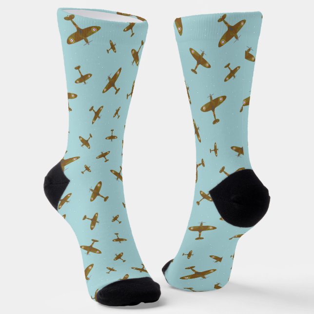 Spitfire Airplanes Aviation Themed Blue Socks (Angled)