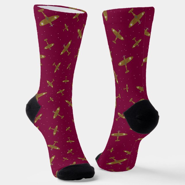 Spitfire Airplanes Aviation Themed Burgundy Socks (Angled)