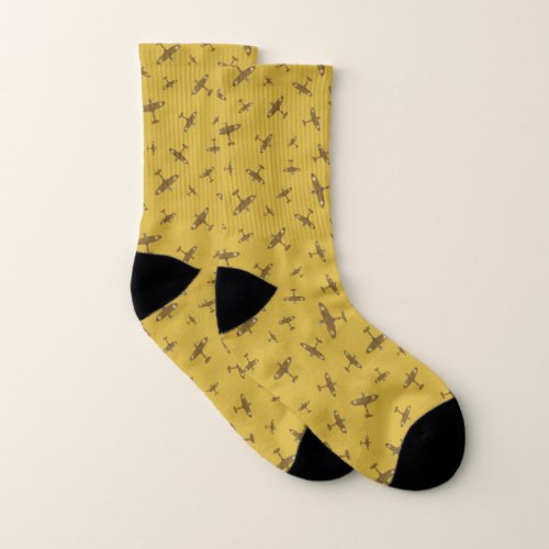 Spitfire Airplanes Aviation Themed Yellow Gold Socks