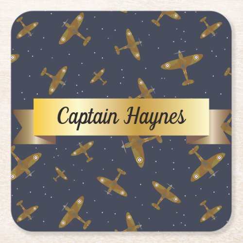 Spitfire Airplanes on Navy Blue Gold Scroll Square Paper Coaster
