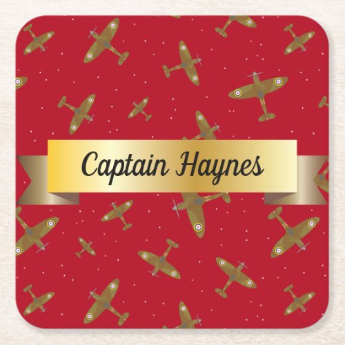 Spitfire Airplanes on Red with Gold Scroll Square Paper Coaster