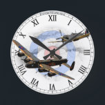 Spitfire and Lancaster Round Clock<br><div class="desc">Spitfire and Lancaster,  two legendary RAF World War 2 Aircraft. Make sure to click "CUSTOMIZE" if you would like to change background color or ad text.</div>