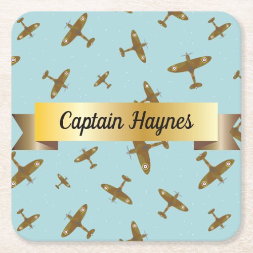 Spitfire War Planes on Light Blue Square Paper Coaster
