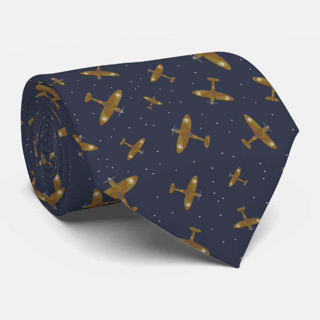 Spitfires Flying in Night Sky Warplane Neck Tie (Rolled)