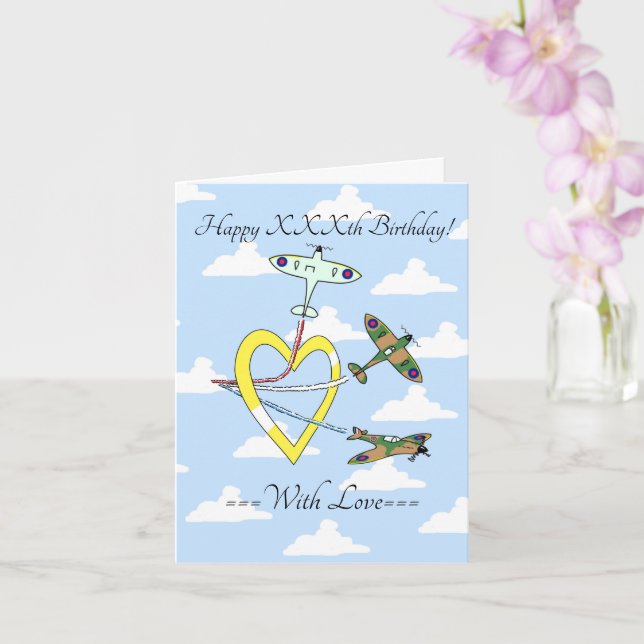 Spitfires Heart Blue Sky Birthday Card (Orchid)