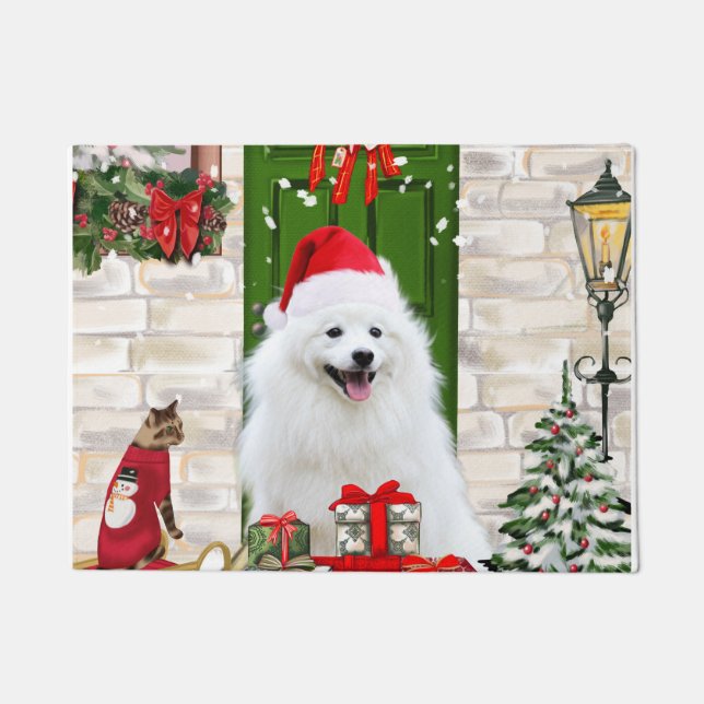 Spitz Dog Christmas  Doormat (Front)