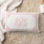SPL Light Pink Greek Key Script Monogram Lumbar Pillow<br><div class="desc">PLEASE MESSAGE DESIGNER BEFORE ORDERING. SEND YOUR MONOGRAM INITIALS IN THIS ORDER: FIRST, LAST, MIDDLE. I will customize your monogram and email you the link to order. Please do not purchase until after I have sent you the link with your customized monogram. Add a polished preppy touch to any space...</div>