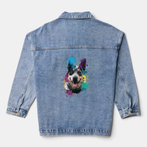 Splash Art Colorful Blue Heeler Dog  Denim Jacket