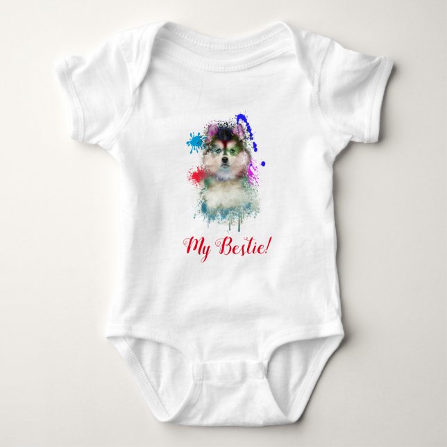 Splash Art Cute Pomsky Dog Baby Bodysuit  (Front)