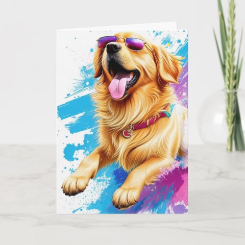 Splash Art Golden Retriever Wearing Sunglasses  Card