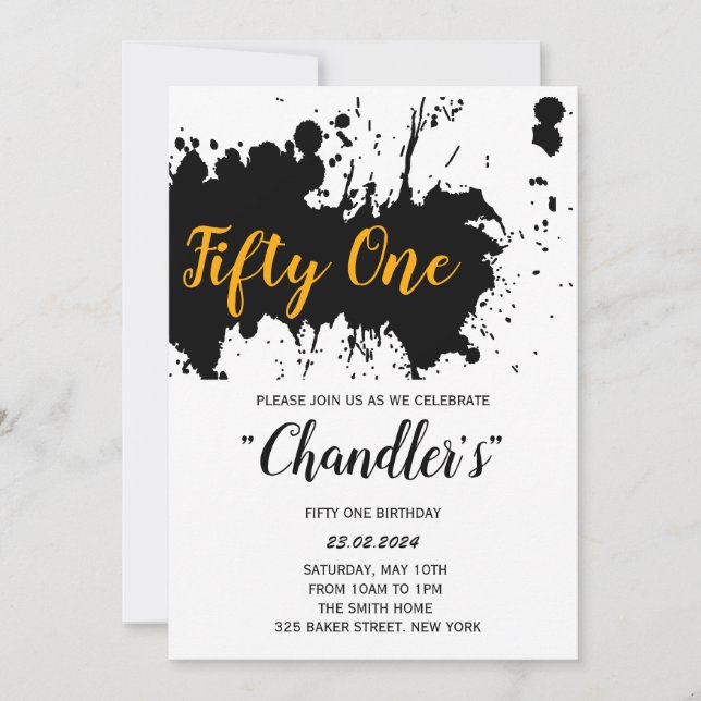 Splash back and white with gold birthday invitation (Front)