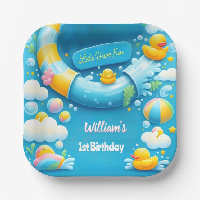 Splash Bubbles Summer Duck Foam 1st Birthday Paper Plates (Front)