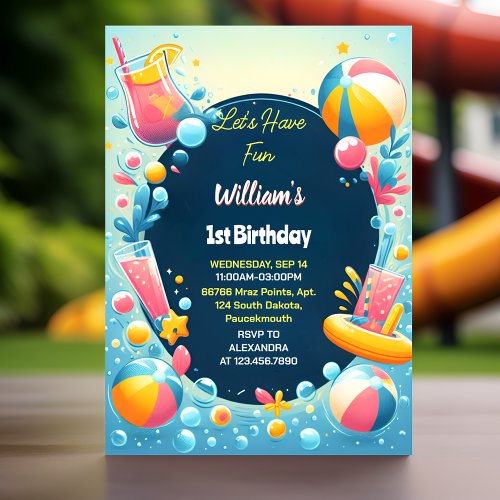 Splash Bubbles Summer pool party Foam 1st Birthday Invitation