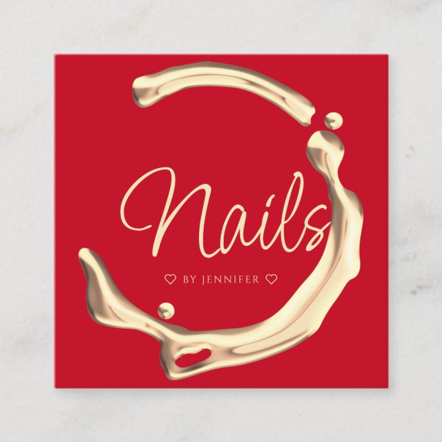 Splash Gold Polish Elegant Modern Nails Red Square Business Card (Front)
