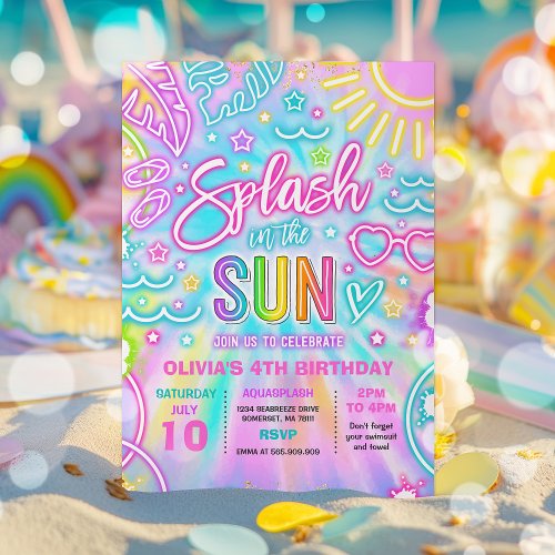Splash In The Sun Pool Birthday Party Tie Dye Glow Invitation