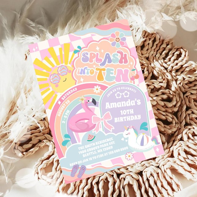 Splash in to Ten Retro Groovy Daisy 10th Birthday  Invitation (Creator Uploaded)