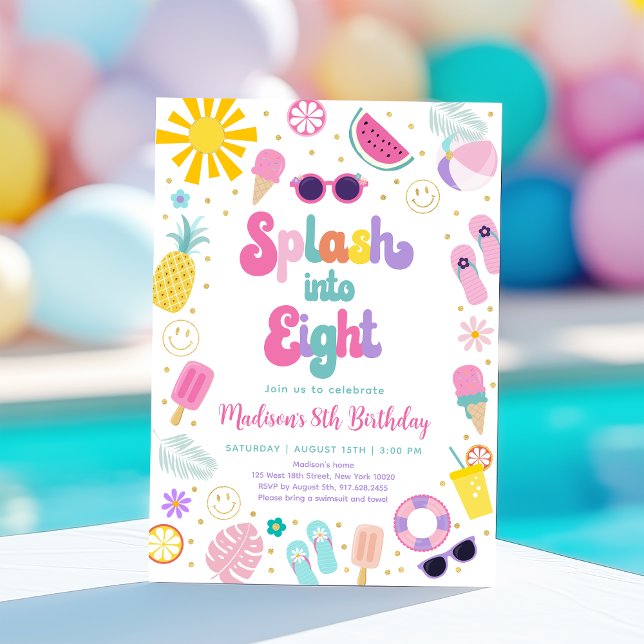 Splash into Eight Girl Pool Party Summer Birthday Invitation (Creator Uploaded)