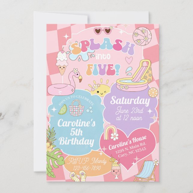 Splash into Five girl pool birthday invite. Invitation (Front)