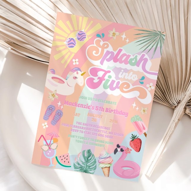 Splash Into Five Summer Rainbow Sun 5th Birthday  Invitation (Creator Uploaded)