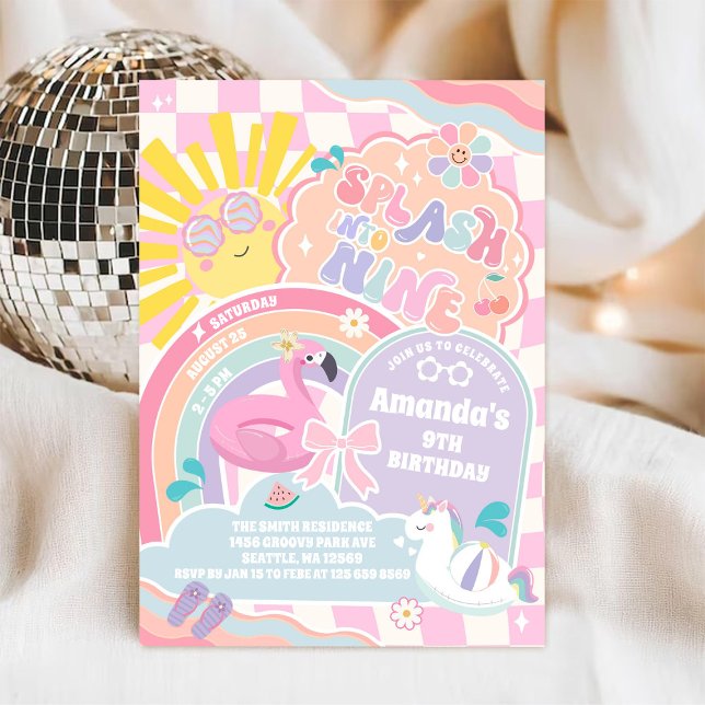Splash Into Nine Pool Party Rainbow 9th Birthday  Invitation (Creator Uploaded)