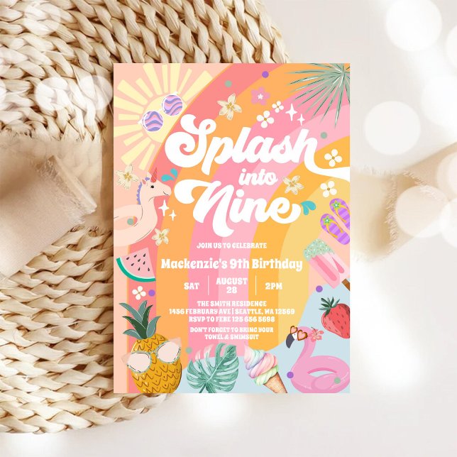 Splash Into Nine Summer Rainbow Sun 9th Birthday Invitation (Creator Uploaded)