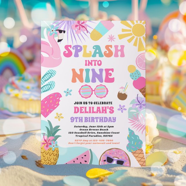 Splash Into Nine Tropical Beach 9th Birthday Party Invitation (Creator Uploaded)