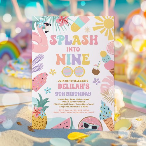 Splash Into Nine Tropical Beach 9th Birthday Party Invitation