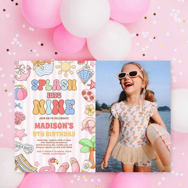 Splash Into Nine Tropical Beach 9th Birthday Photo Invitation (Creator Uploaded)