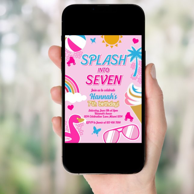 Splash into seven Pool Party Birthday Girl summer Invitation (Front Digital)