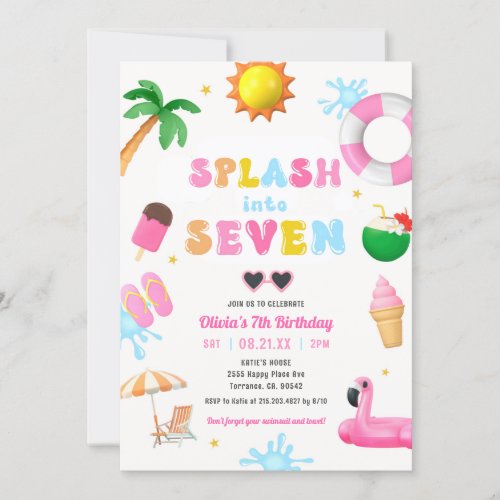 Splash Into Seven Pool Party Girl 7th Birthday  Invitation