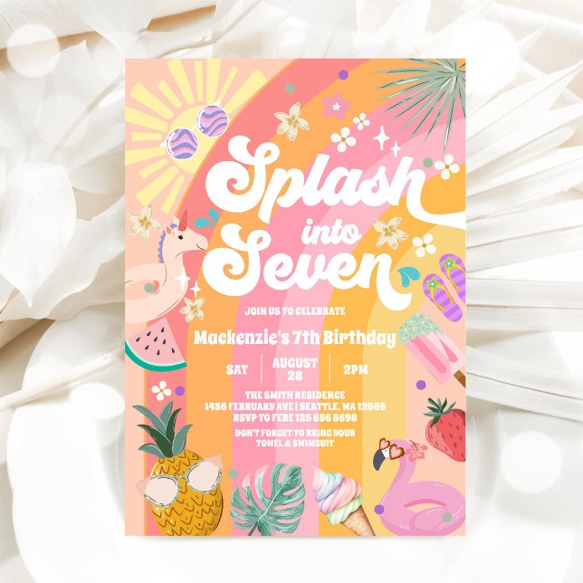 Splash Into Seven Summer Rainbow Sun 7th Birthday Invitation (Creator Uploaded)