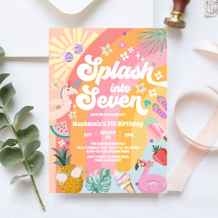 Splash Into Seven Summer Rainbow Sun 7th Birthday Invitation
