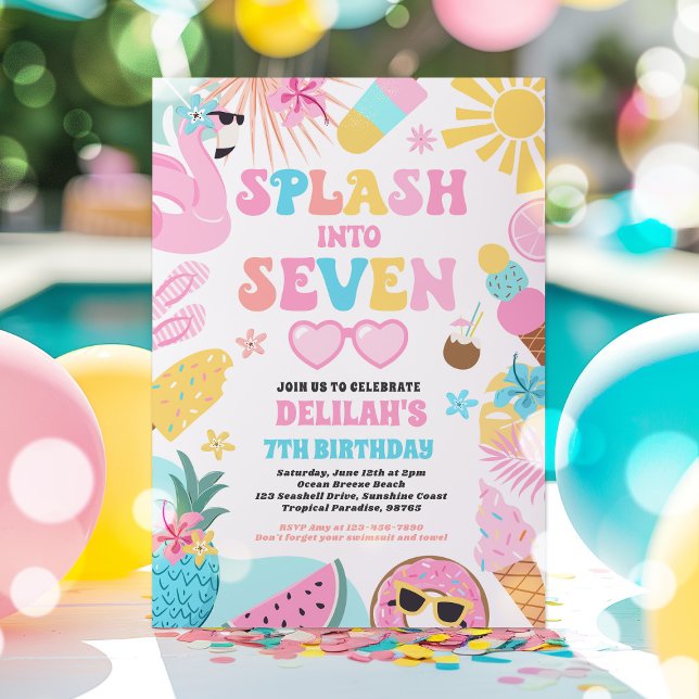 Splash Into Seven Tropical Beach 7th Birthday Invitation (Creator Uploaded)
