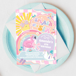 Splash Into Six Rainbow Sun 6th Birthday  Invitation