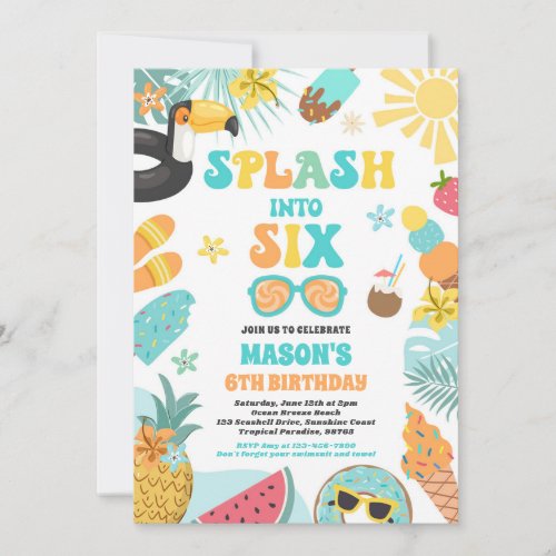 Splash Into Six Tropical Beach 6th Birthday Party Invitation