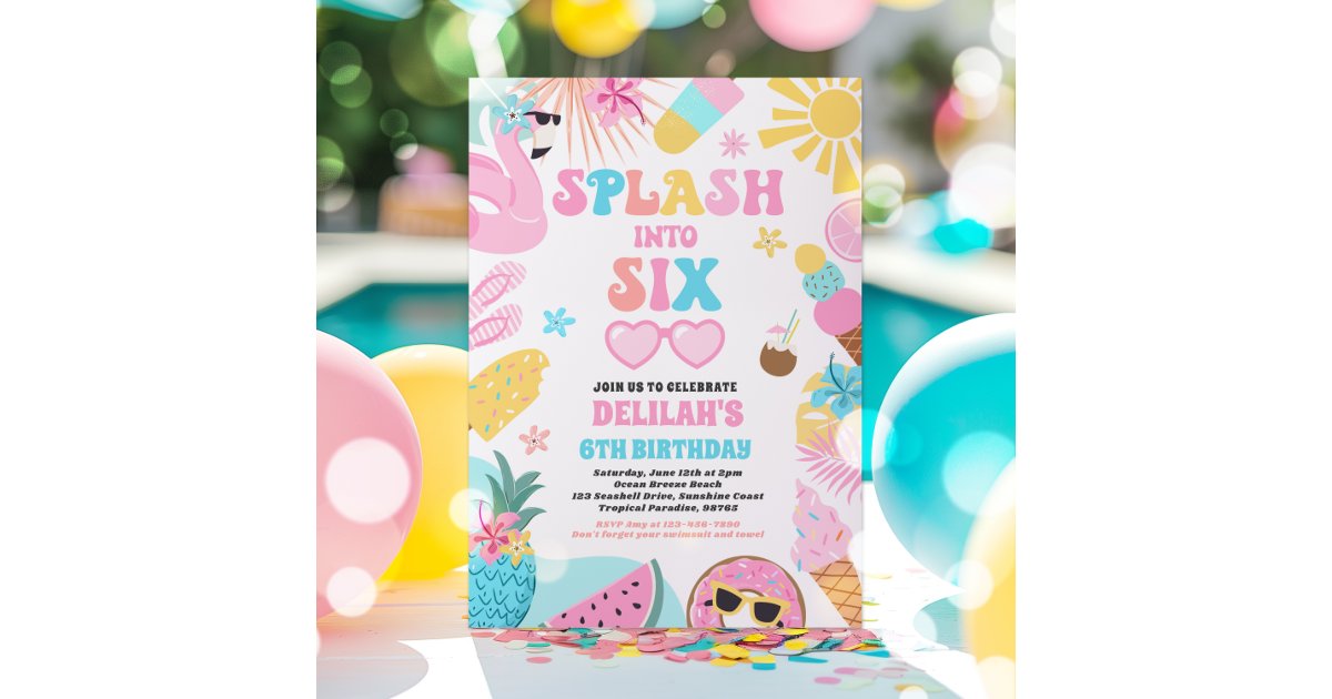 Splash Into Six Tropical Beach 6th Birthday Party Invitation